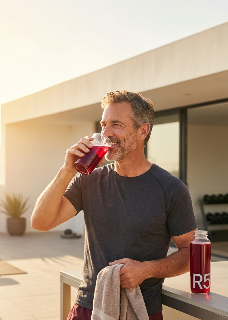Man drinking from a red R5 bottle on a rooftop with a clear sky.